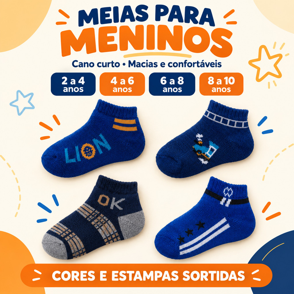 Meias Infantis Masculinas Cano Curto para Meninos 2 a 10 Anos, Macias Confortáveis Estampas Sortidas