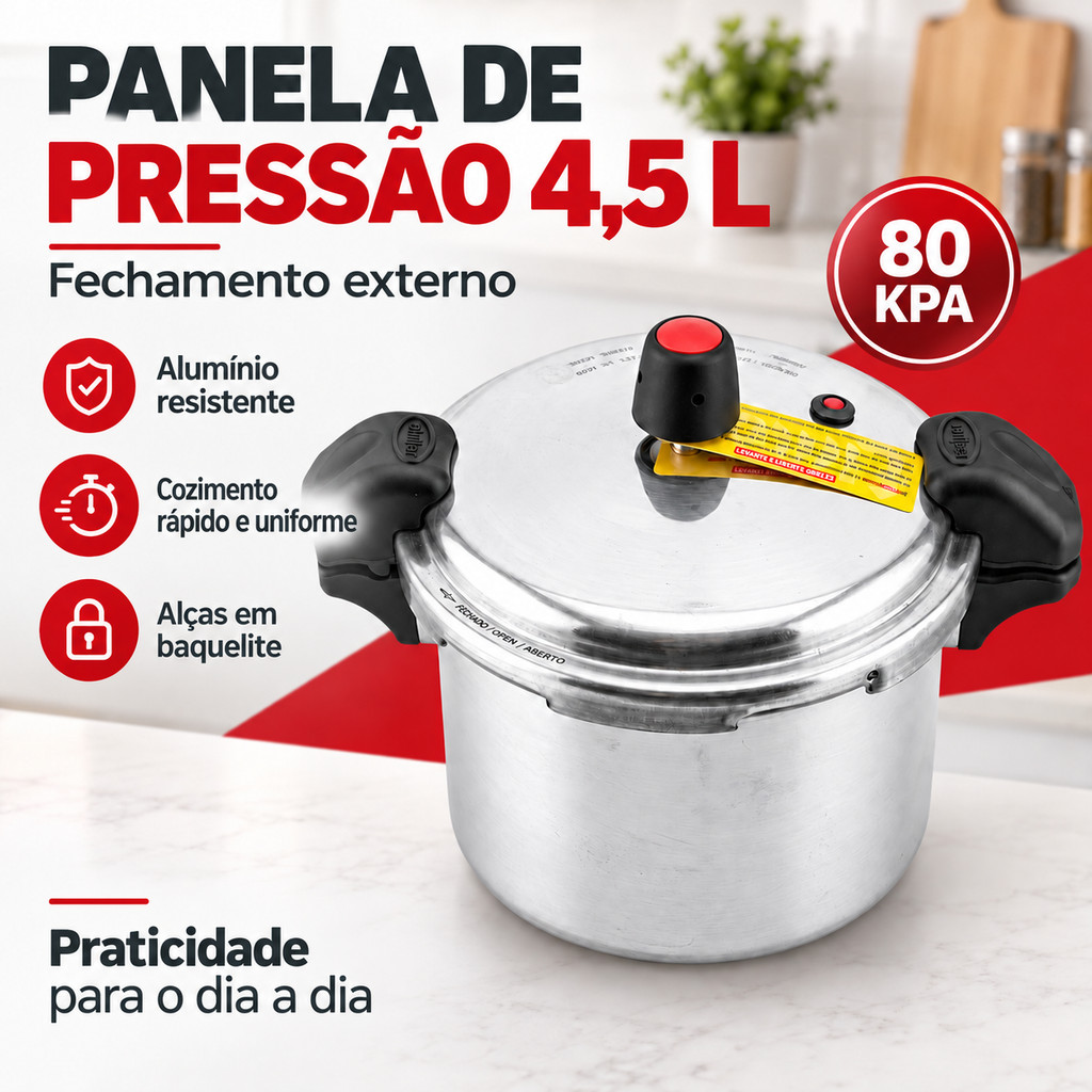 Panela de Pressão Fechamento Externo 4,5Lts Polida Com Alças 80KPa Eirilar *PROMOÇÃO* — imagem 2 de 2