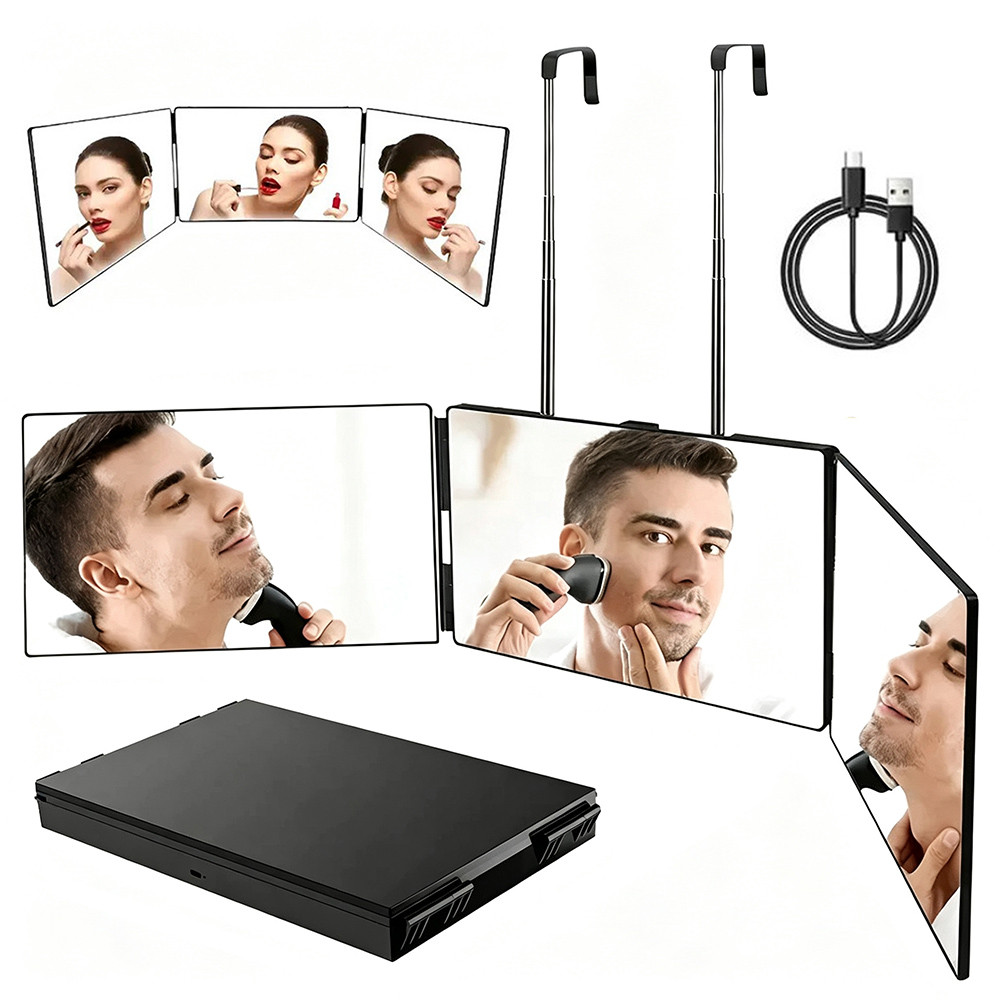 Espelho Triplo 3 Vias 360° Com Luz LED, Dobrável Pendurável Na Porta Para Corte De Cabelo E Maquiagem