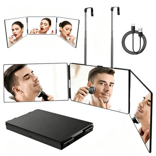 Espelho Triplo 3 Vias 360° Com Luz LED, Dobrável Pendurável Na Porta Para Corte De Cabelo E Maquiagem