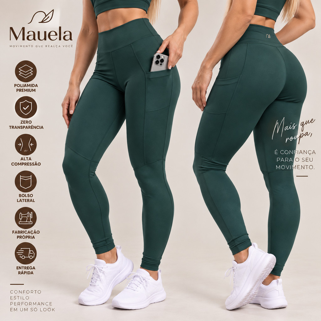 Legging Fitness Feminina em Poliamida, com Bolso Lateral, Alta Compressão e Zero Transparência para Academia e Treino,