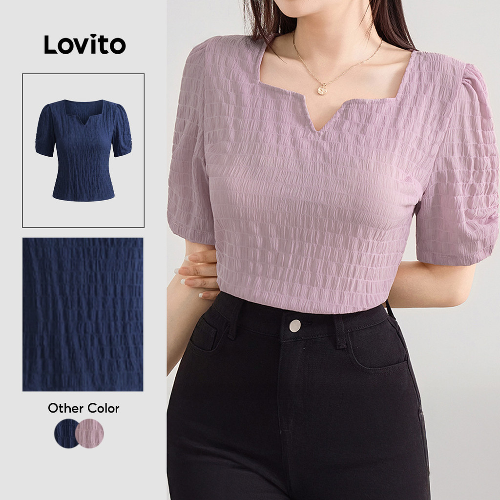 Lovito Elegante Blusa com Pregas Simples para Deslocamentos Primavera/verão Blusa Roxa para Mulheres L143ED084