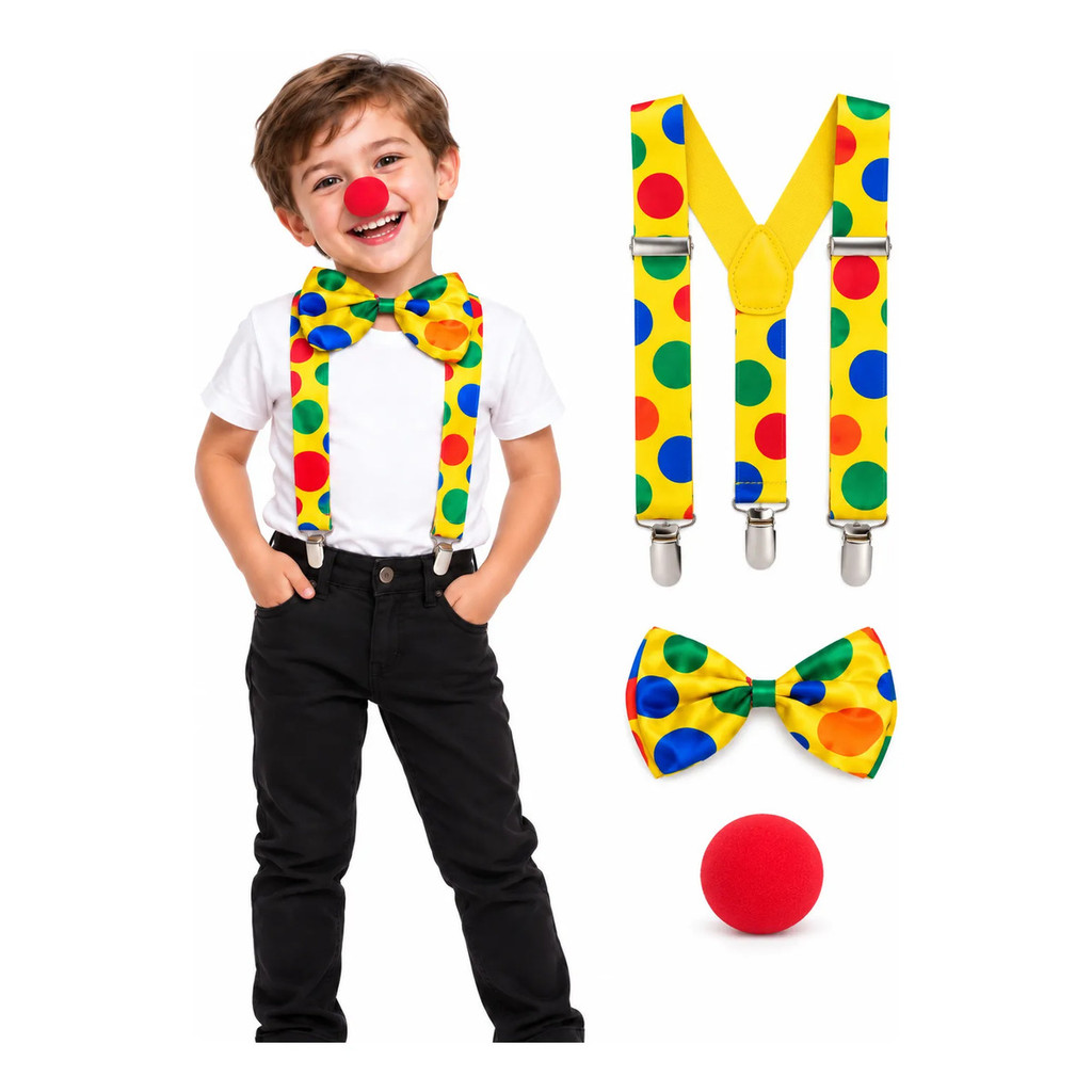 Kit Fantasia De Palhaço Infantil  Suspensório Gravata E Nariz Peruca colorido