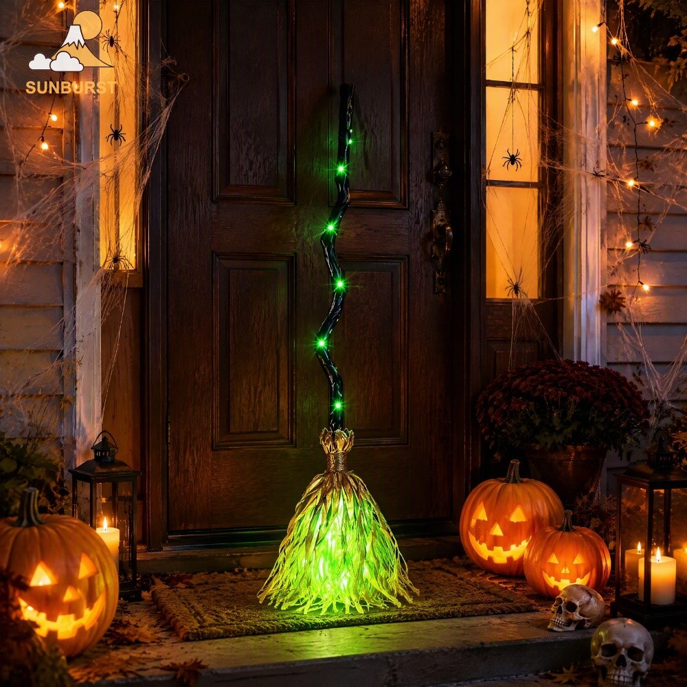 [Sunburst1 . br] Halloween Verde LED Vassoura De Bruxa Animado Movendo Som Assustador Dança Decoração Mágica 90cm