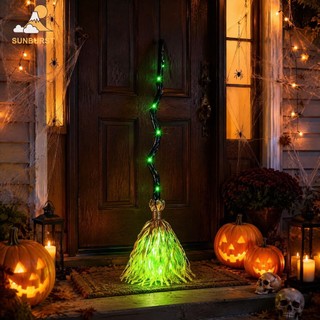 [Sunburst1 . br] Halloween Verde LED Vassoura De Bruxa Animado Movendo Som Assustador Dança Decoração Mágica 90cm