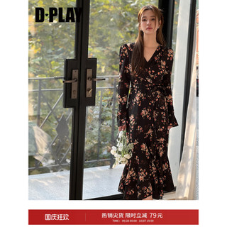 DPLAY Outono Francês Chá Break Saia Vestido Floral Com Decote Em V Vestido De Manga Comprida Saia Estampada Fishtail Sai