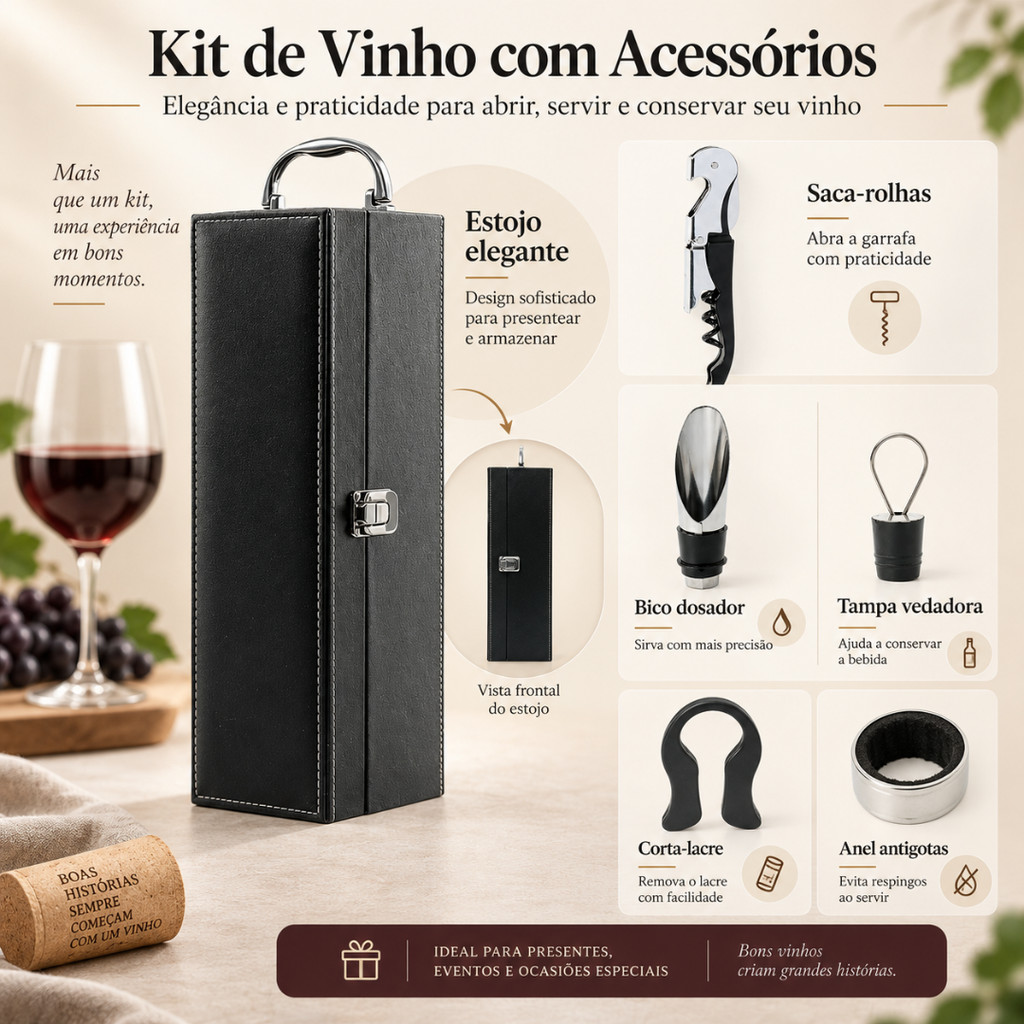 Kit Maleta Vinho 4 Peças Premium Original Abridor Garrafa Saca Rolha — imagem 2 de 2