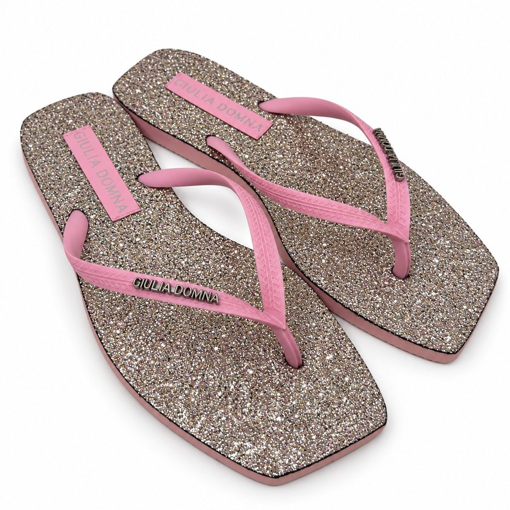 Chinelo Feminino Giulia Domna Bico Quadrado Glitter Rosa Confortável Tendência Verão Praia