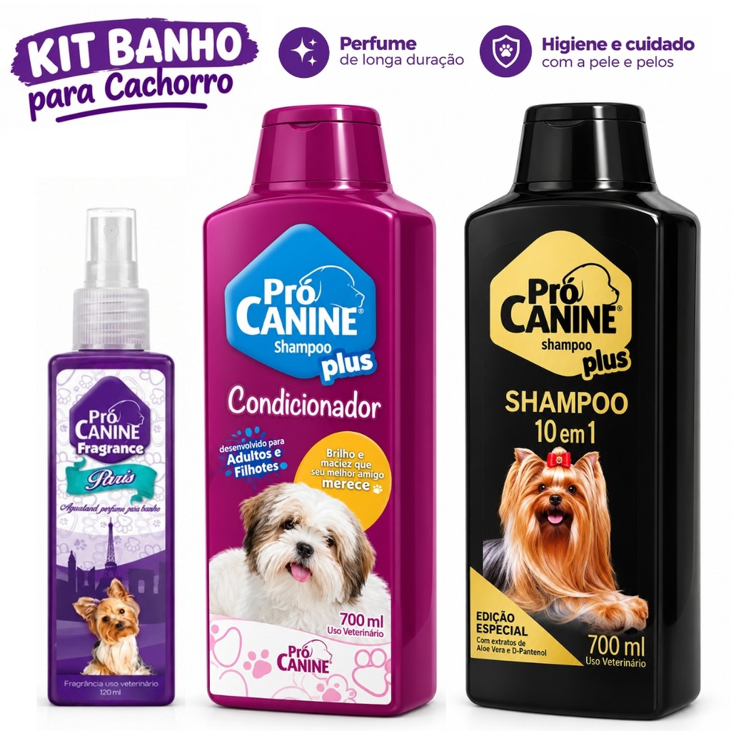 Kit Banho Pet Shampoo Condicionador Perfume PróCanine Cães Higiene Completa