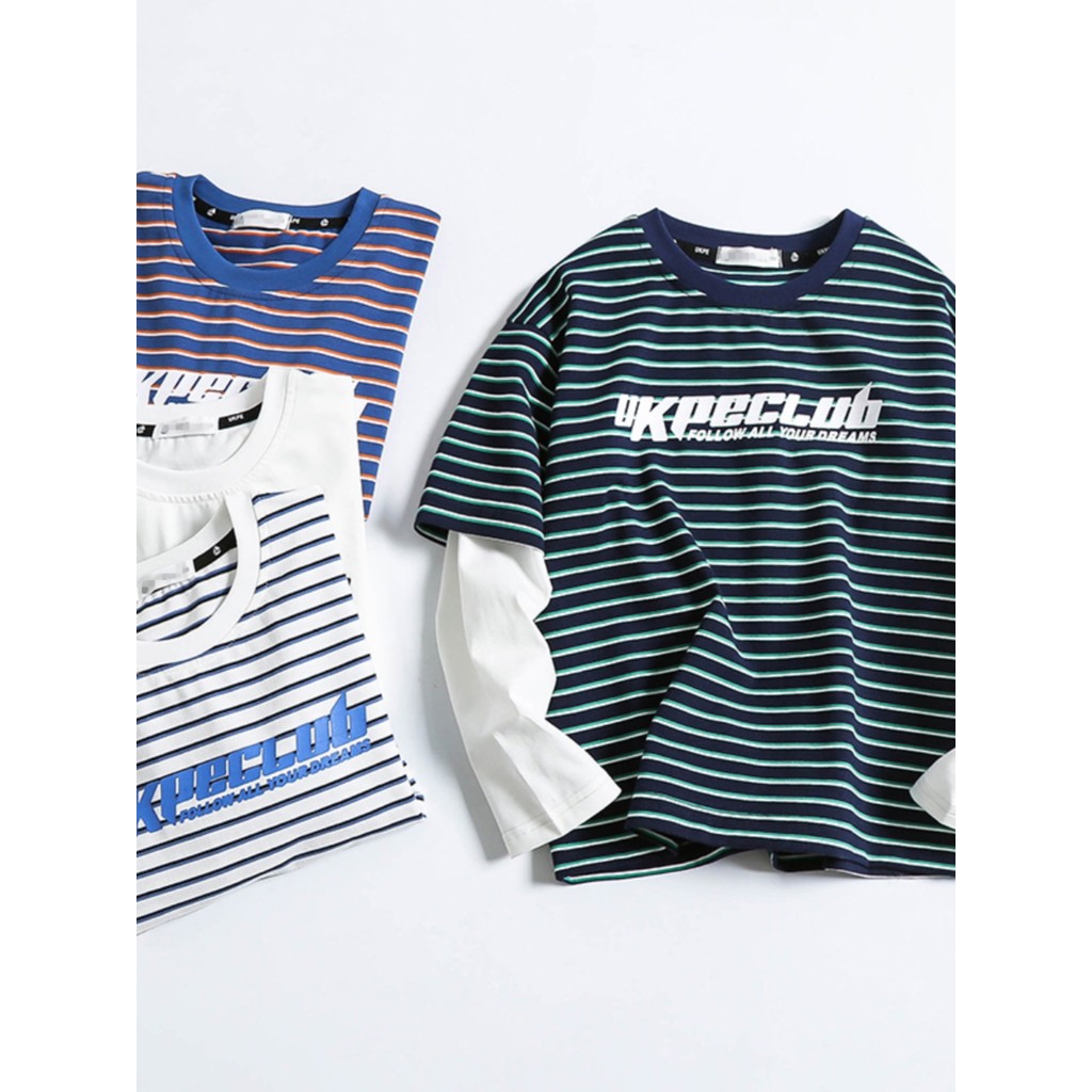 Super eficaz refrescante estilo ocidental meninos falso camiseta de duas peças médio grande crianças listrado manga long