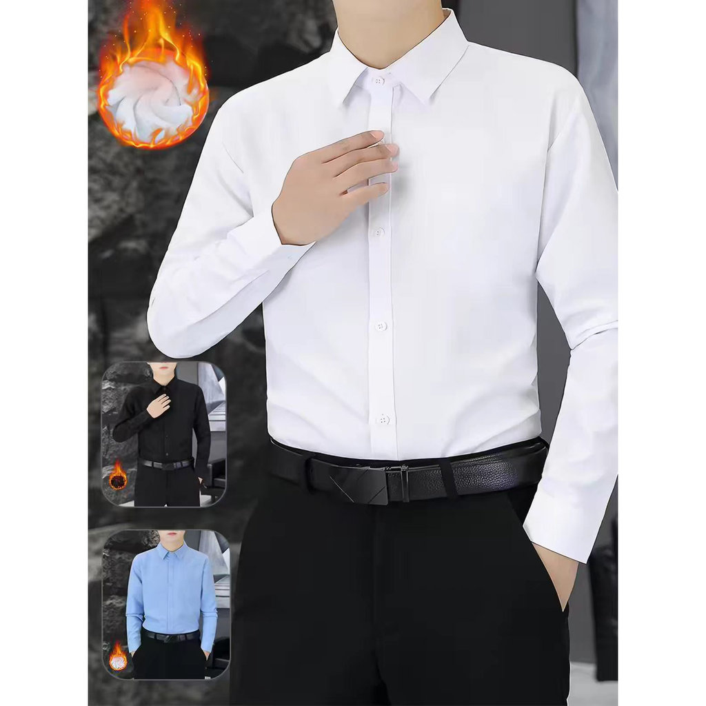 W inverno camisa branca de manga comprida forro de lã masculino engrossado cor sólida camisa branca trabalho Formal Wear