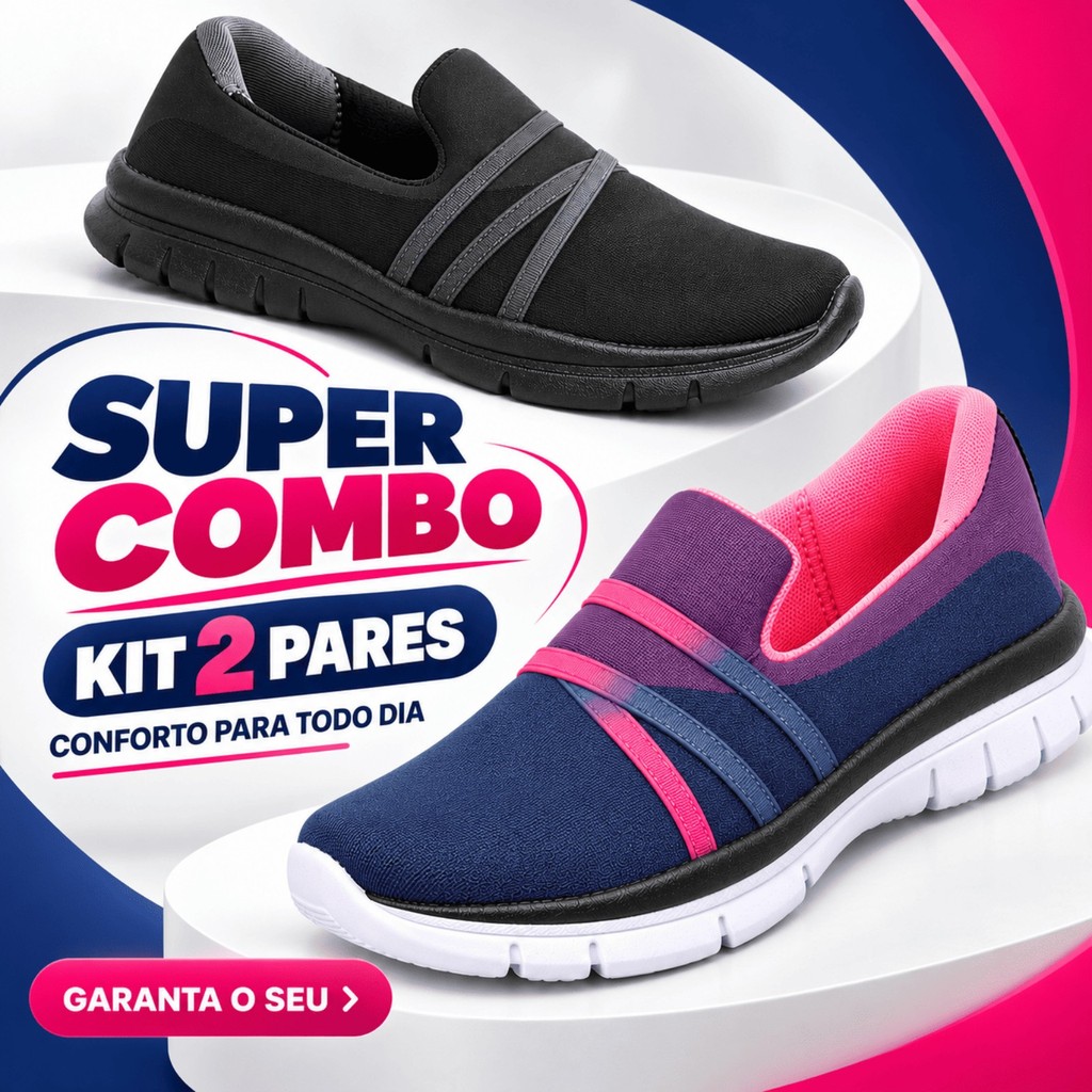 Kit 2 Tenis Slip On Feminino Casual Ortopedico Meia Confortavel Caminhada Leve Sapatilha