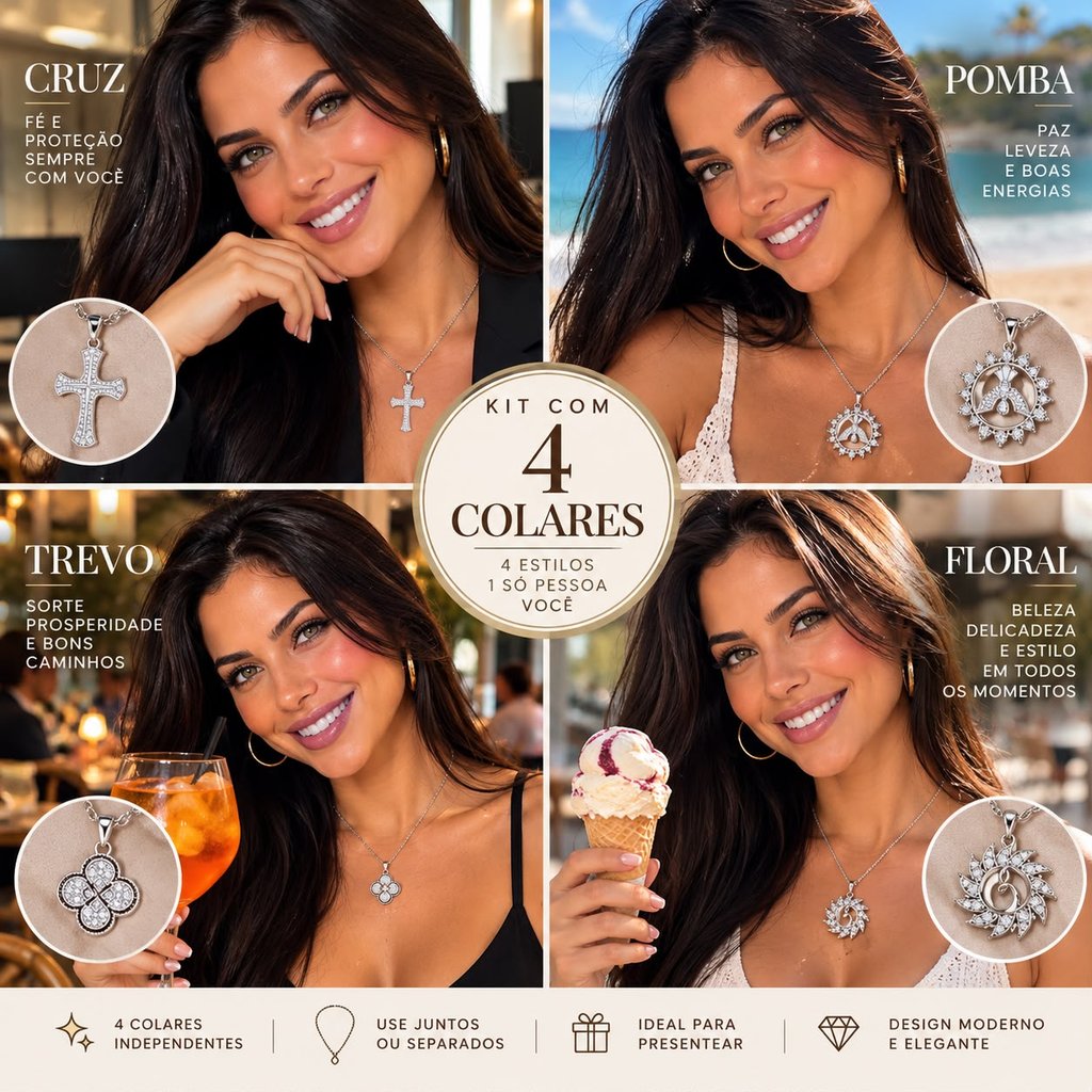 Kit 4 Colares Femininos Prateados Cruz Pomba Trevo Floral