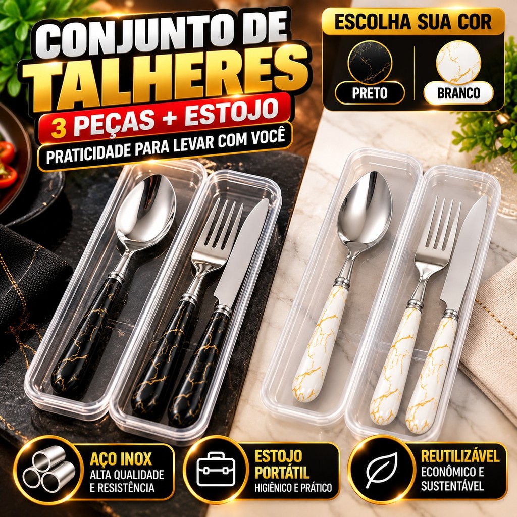 Kit Talheres Inox Com Estojo Portátil Colher Garfo Faca