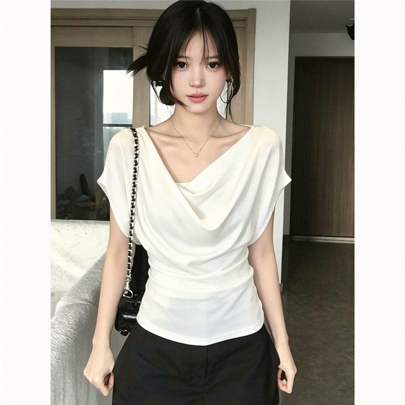 Francês Modal Swing colarinho genuíno ombro branco manga curta camiseta verão novo estilo de cintura estreita mais magro