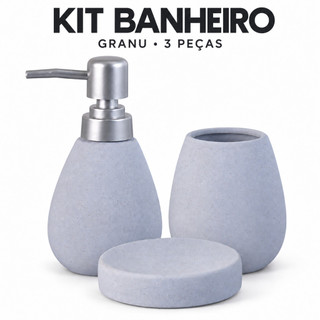 Kit Banheiro Lavabo Cerâmica 3 Peças Granu Porta Sabonete Líquido Porta Escova de Dente e Saboneteira