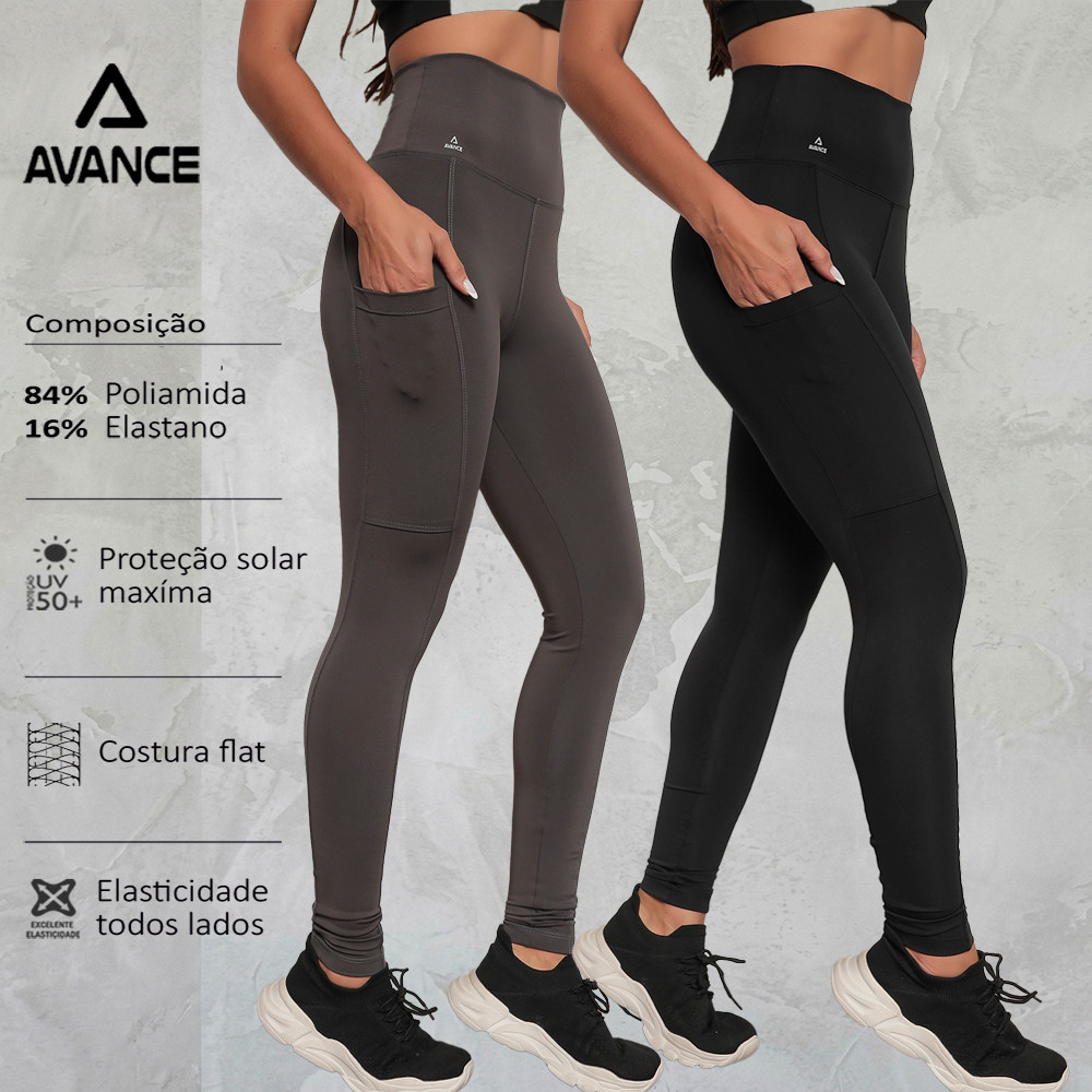KIT 2 CALÇAS LEGGING POLIAMIDA BOLSO CÓS ALTO, ZERO TRANSPARÊNCIA REF:025