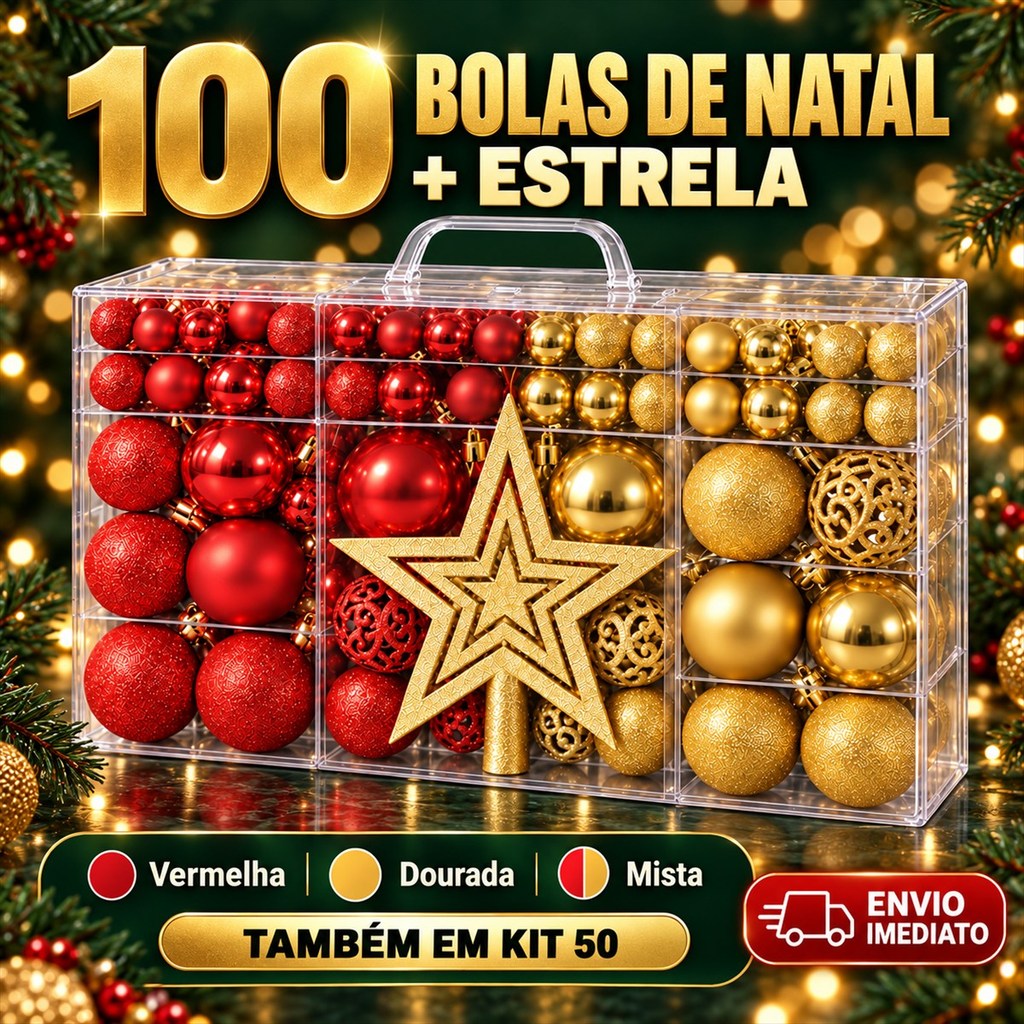 Kit 100 Bolas de Natal com Estrela ou 50 Enfeite Árvore Vermelha Dourada Mista Fosca Glitter