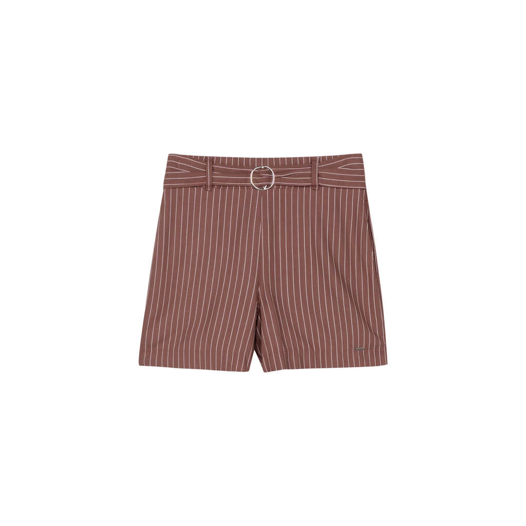 Short Feminino Listrado Detalhe Fivela Marialícia Marrom