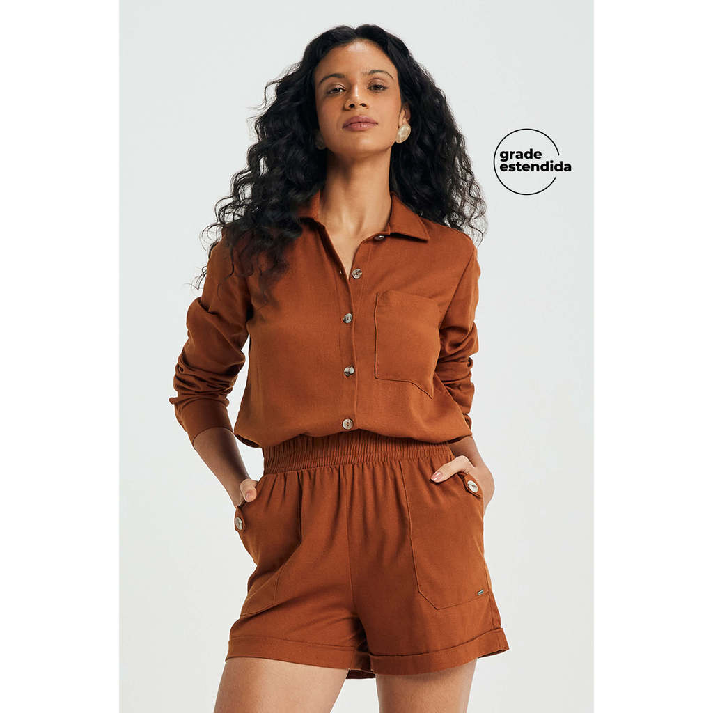 Short Feminino Linho Com Bolsos Marialícia Marrom