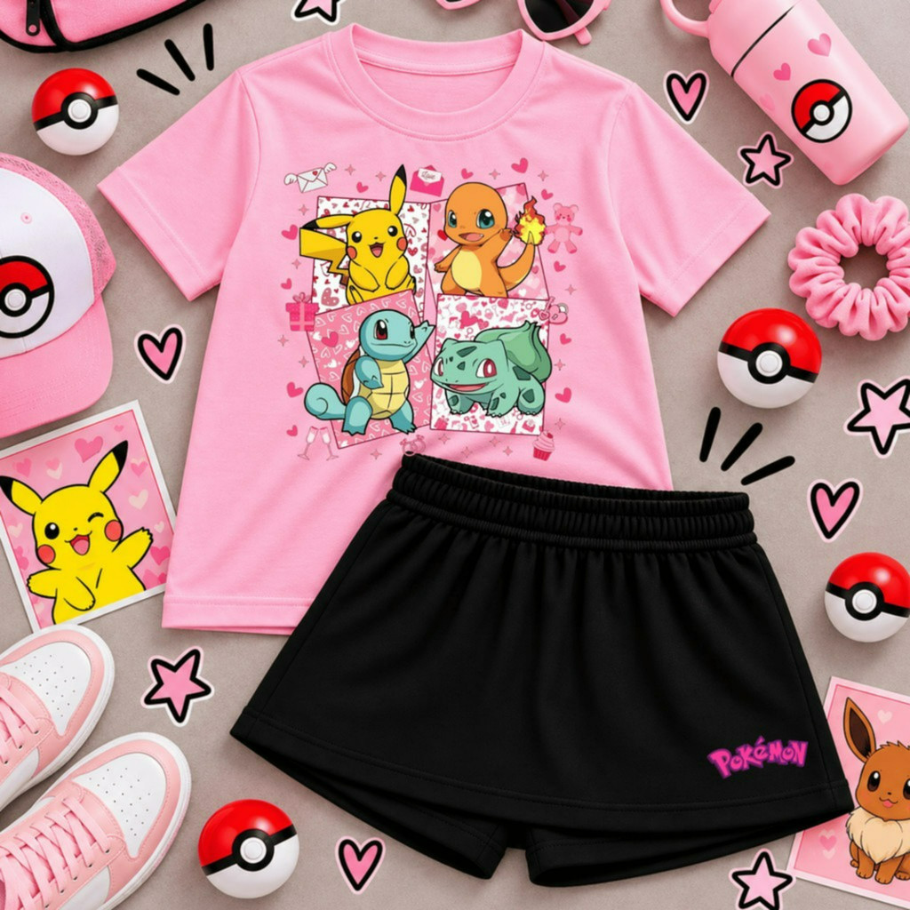 Conjunto Infantil Menina Pokémon Camiseta Estampada com Short Saia Look Feminino Verão Confortável Moda Infantil 2 Peças