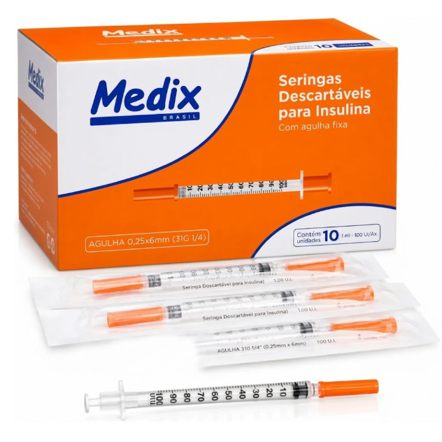 Seringa Insulina 1ml C/Agulha 8x0,30mm 30G C/10 Unidades Medix