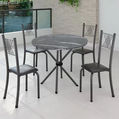 Conjunto de Jantar Mesa Tampo Redondo de Granito Topázio com 4 Cadeiras Sara Yescasa Prata/Preto Liso/Mart Preto