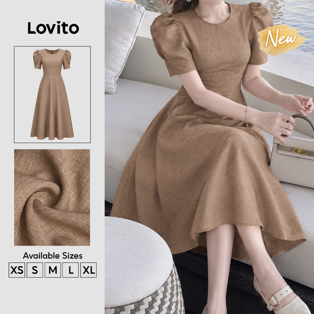 (New Arrival) Lovito Vestido Cáqui Feminino Elegante Longo De Linha a Com Estrutura E Pregas Para O Trabalho Primavera/verão DRB207P1D744