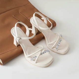 Salto alto feminino de salto alto com strass de alça única, fivela de tornozelo com alça fina de strass, salto grosso an