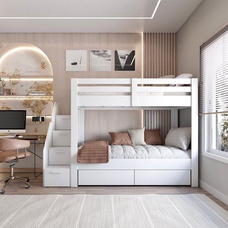 Beliche Infantil/Juvenil 2 Gavetões e Escada com 4 Nichos Star Plus Casatema MadeiraOriginals Branco Branco