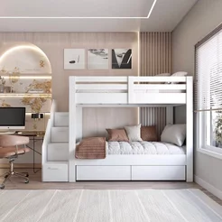Beliche Infantil/Juvenil 2 Gavetões e Escada com 4 Nichos Star Plus Casatema MadeiraOriginals Branco Branco