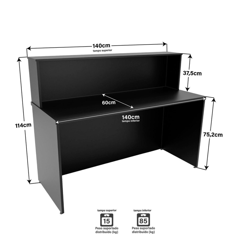 Balcão Atendimento Recepção Consultório 140x60cm Preto Preto · foto 2