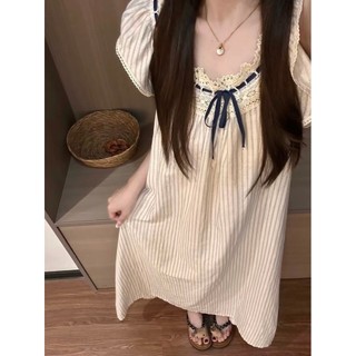 Estilo coreano listrado camisola com almofada no peito feminino verão 2026 novo estilo doce simples saia longa estilo fi