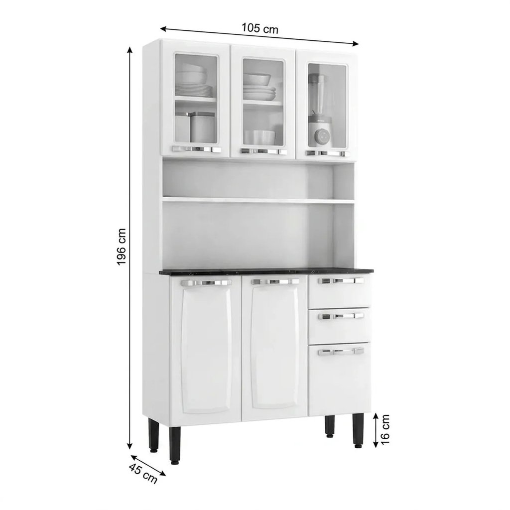 Armário de Cozinha em Aço com Vidro e Bancada 6 Portas 2 Gavetas 195 x 105cm Pratika Itatiaia Branco Branco · foto 2