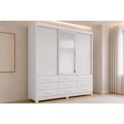 Guarda Roupa Solteiro 3 Portas e 9 Gavetas c/ Espelho Jequitibá/Buriti Branco - Novo Horizonte