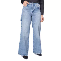 Calça Jeans Feminina Sawary Wide Leg Estonado Azul