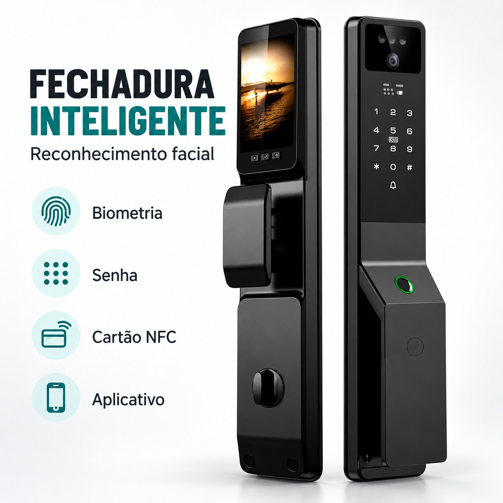 Fechadura Digital Inteligente Aitek Alpha 216 Facial Biometria Wi-Fi NFC Senha