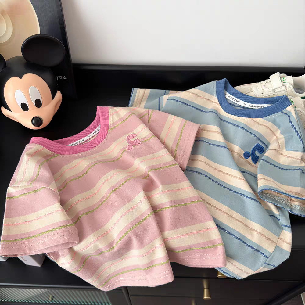 Meninos meninas crianças roupas cor combinando listrado manga curta camiseta verão novo estilo versão coreana médio gran