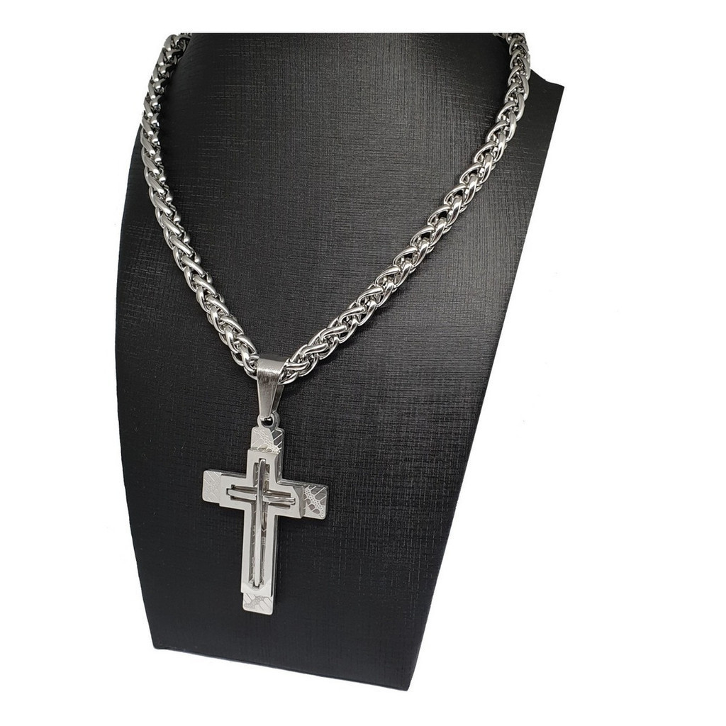 Corrente Cordão 60 Cm E Pingente Cruz Crucifixo Grande Aço