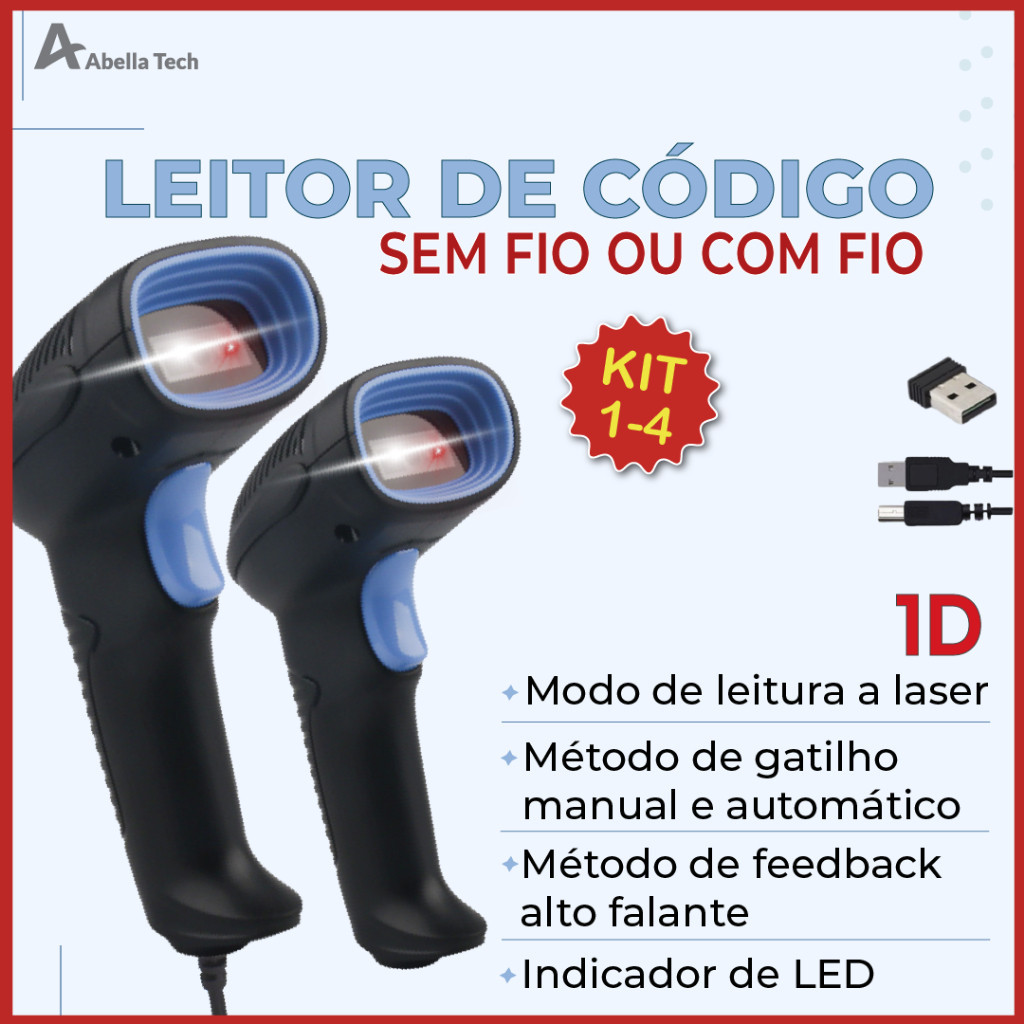 Kit 4 Leitor De Código De Barras Scanner Laser Com ou Sem Fio USB Leitura 1D E 2D
