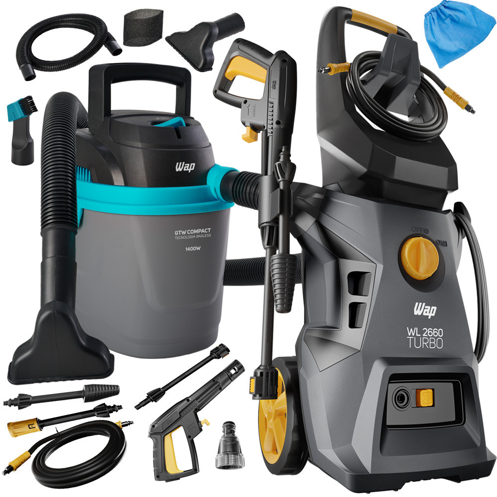 Kit Wap Lavadora Alta Pressão 1800W Rodas e Shampoozera + Aspirador de Pó e Água