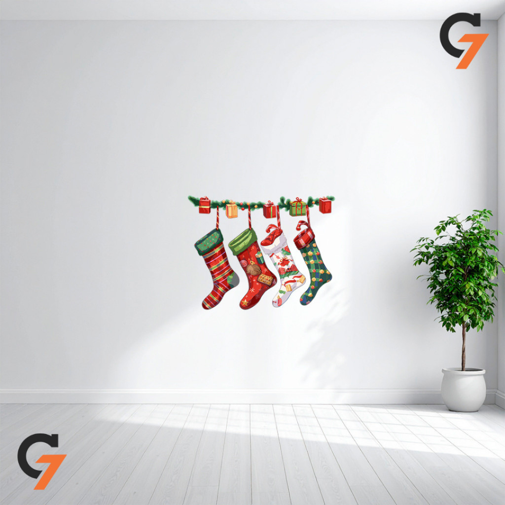 Adesivo de Parede Para Quarto Meias Natalinas Decoração Natal Feliz Autocolante Lavável Vitrine