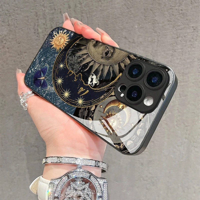 Detalhes do Arte Sol Pessoa Lua Padrão Caso De Vidro Temperado Para iPhone 17 16E 15 14 13 12 11 Pro Max Plus XS Capa