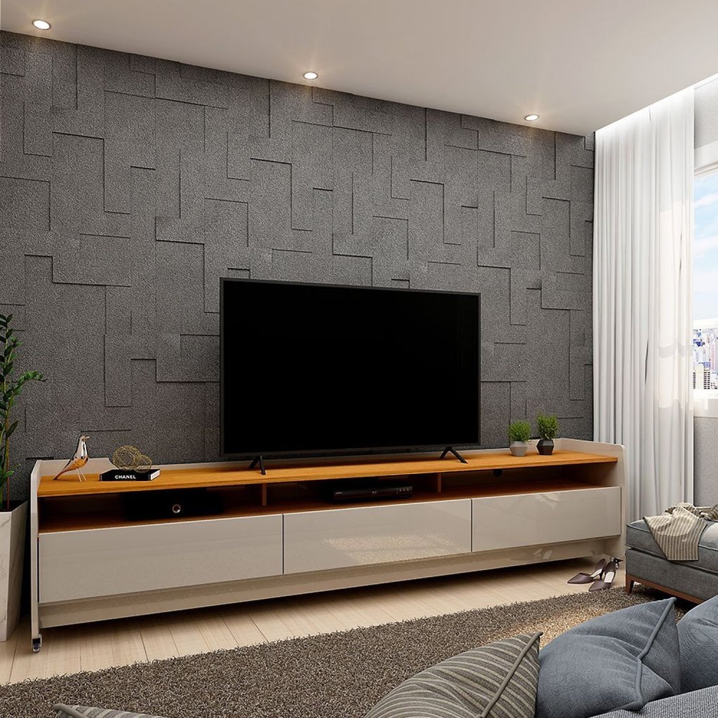 Rack para TV até 90 Polegadas com Rodízios 3 Gavetas 3 Nichos Sublime 220cm 100% MDF Off White/Naturale