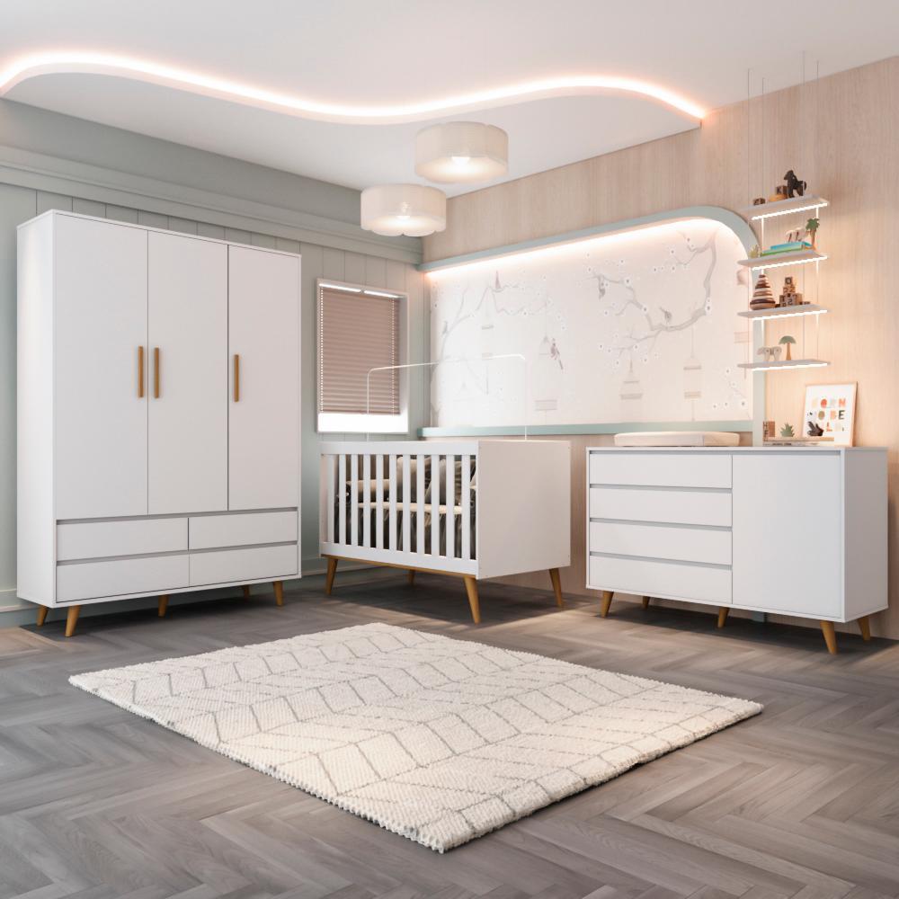 Quarto Bebê Completo Lorena Berço Americano 3Em1 Cômoda Infantil Guarda Roupa 3 Portas 100% MDF em Oferta na Shopee