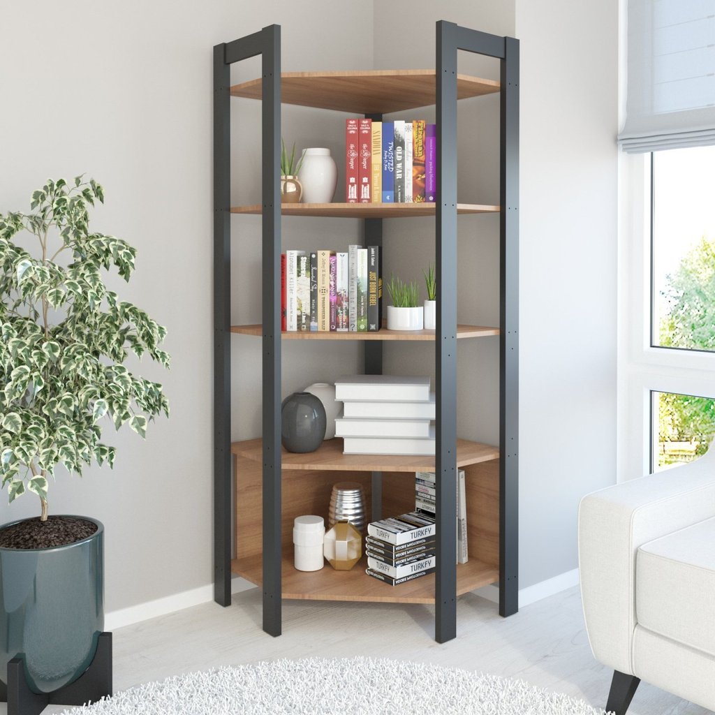 Estante para Livros Multiuso de Canto Haia com 5 Prateleiras Yescasa Amêndoa/Preto em Oferta na Shopee