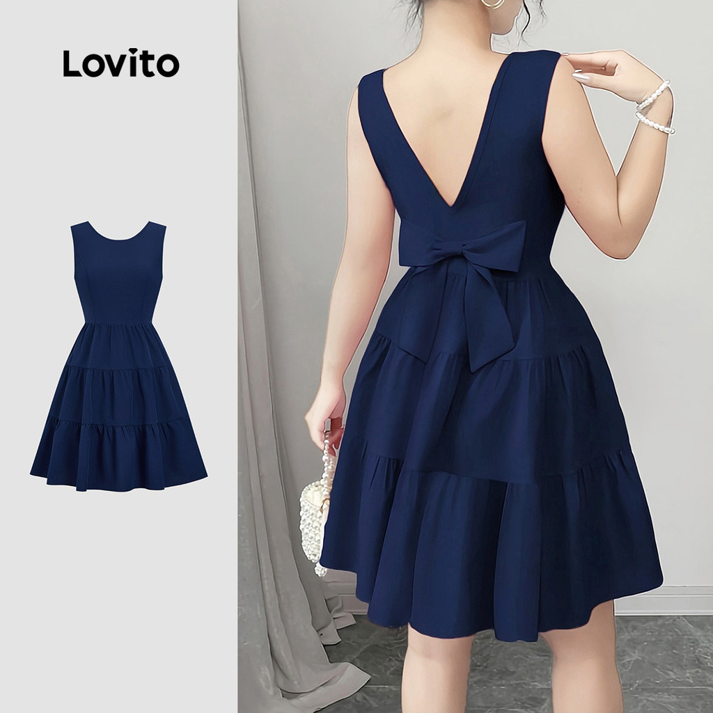 Lovito Vestido Fofo Com Camadas E Laço Primavera/verão Vestido Azul Escuro Para Mulheres L155AD252 em Oferta na Shopee
