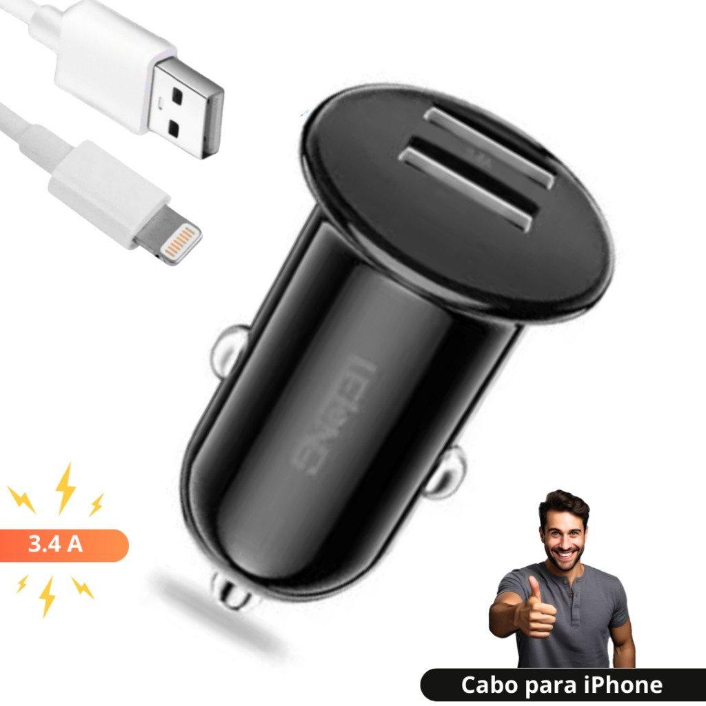 Carregador Veicular Turbo Celular e Tablet com Entrada tipo C + USB 3.4A Carregamento Rápido — imagem 2 de 2