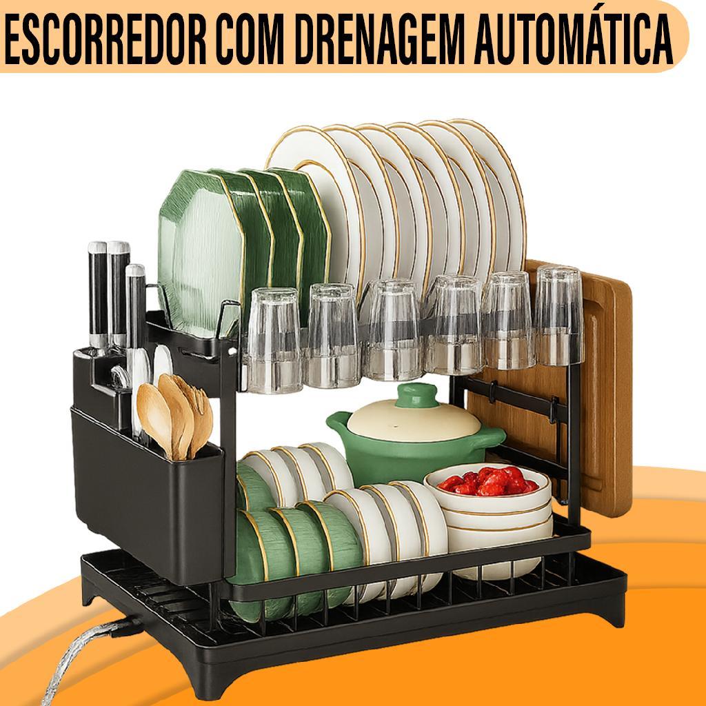 Escorredor de Louça Bandeja Coletora Preto Dois andares Cozinha Em Aço Suporte P/ Tábua e Copo Yab