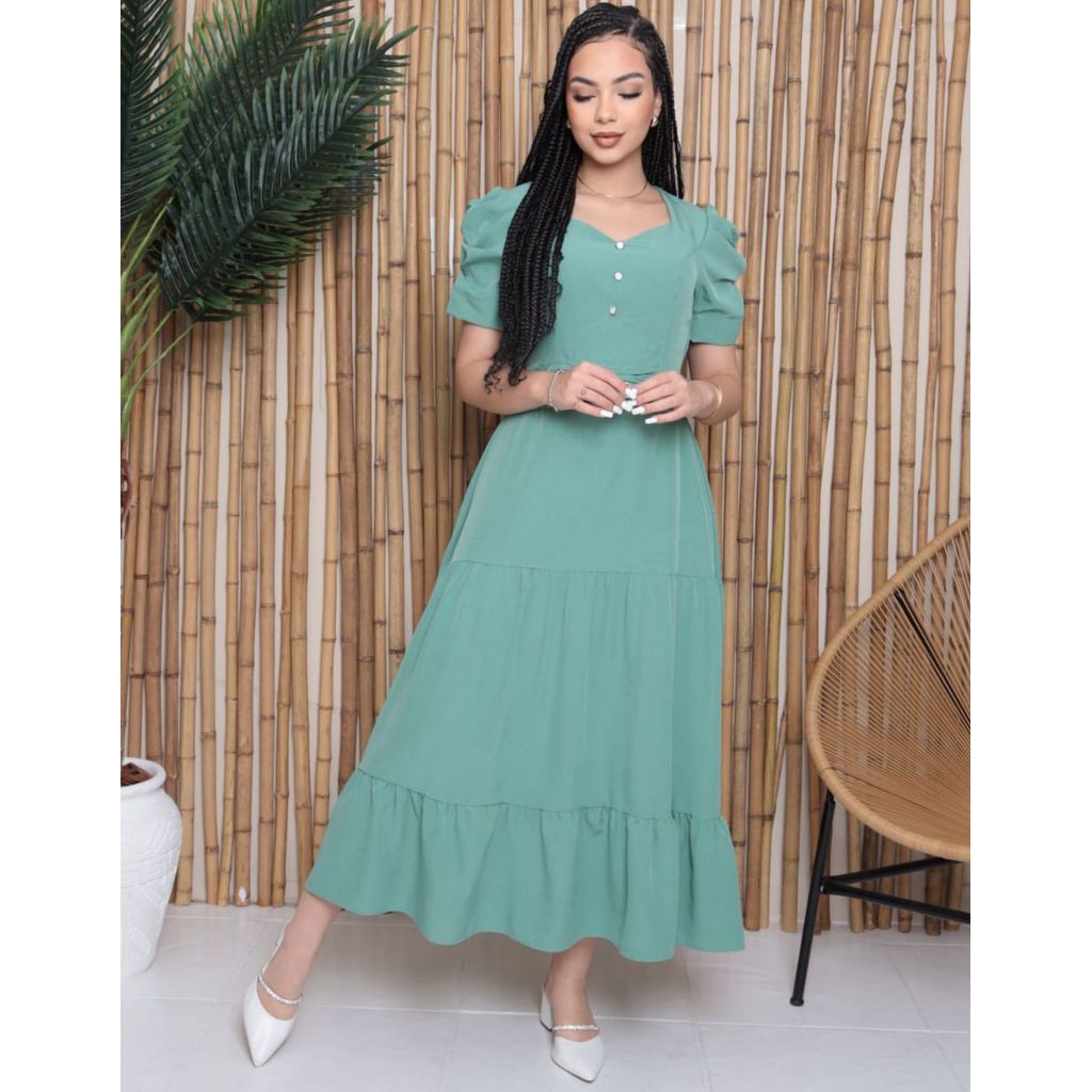 Vestido Feminino Midi Manga Princesa Duna Detalhe Na Cintura em Oferta na Shopee